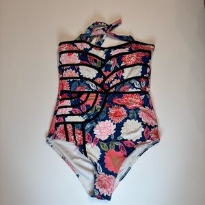 Cupshe Cottagecore Floral Halter One Piece Swimsuit Navy Pink Small